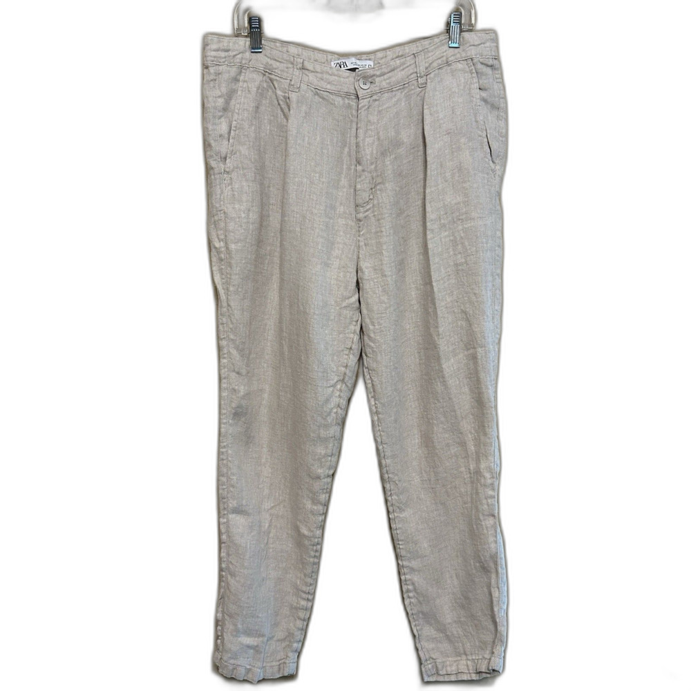 Zara 100% Linen Pants Mens 34x29 Beige Tan Pleated Chino Beach Coastal Old Money